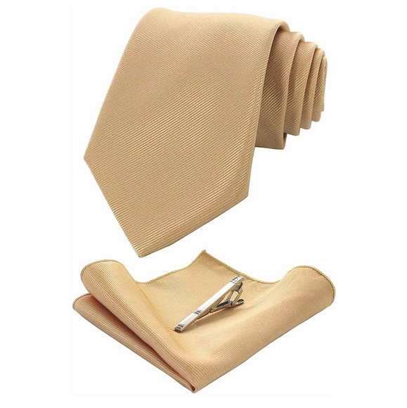 Mens Solid Tie Pocket Square Tie Clip Set Gold - Picture 2 of 3